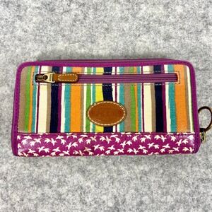 Fossil Multi Color Purple Stripe‎ Coated Canvas Zip Around Wallet